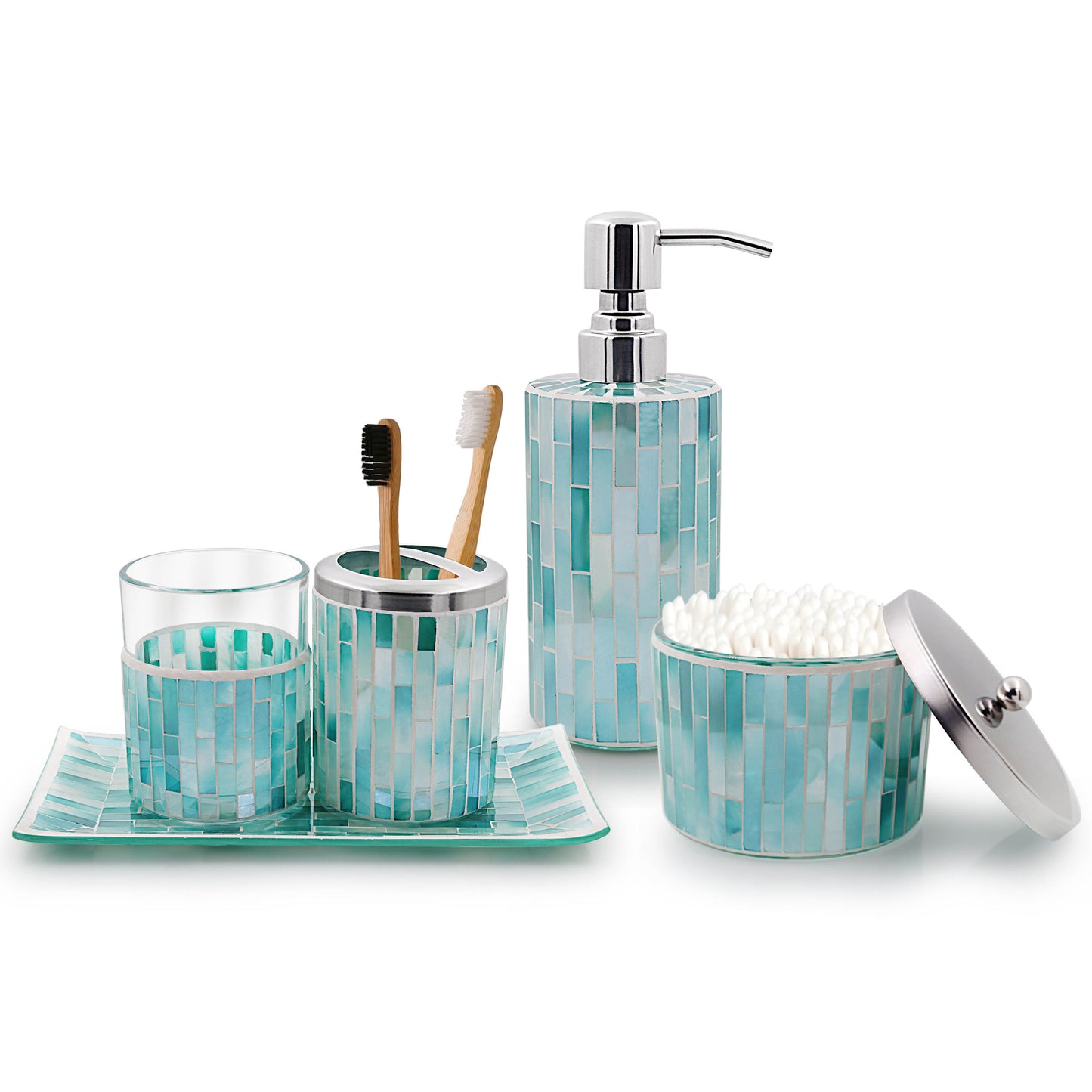 LushAccents Bathroom Accessories Set, 5-Piece Decorative Glass Bathroom Accessories Set, Soap Dispenser, Vanity Tray, Jar, Toothbrush Holder, Tumbler, Elegant Mosaic Glass