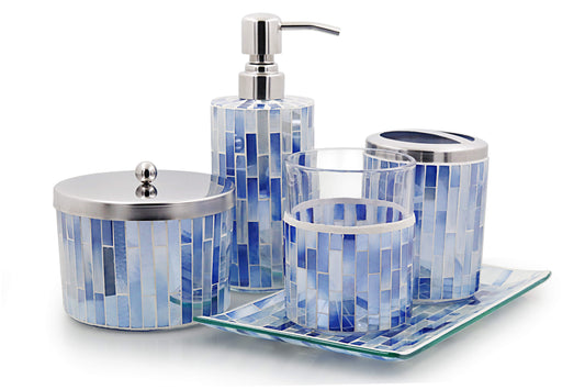 LushAccents Bathroom Accessories Set, 5-Piece Decorative Glass Bathroom Accessories Set, Soap Dispenser, Vanity Tray, Jar, Toothbrush Holder, Tumbler, Elegant Mosaic Glass