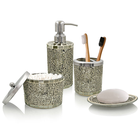 LushAccents Bathroom Accessories Set, 4-Piece Decorative Glass Bathroom Accessories Set, Soap Dispenser, Soap Tray, Jar, Toothbrush Holder, Elegant Gold Mosaic Glass