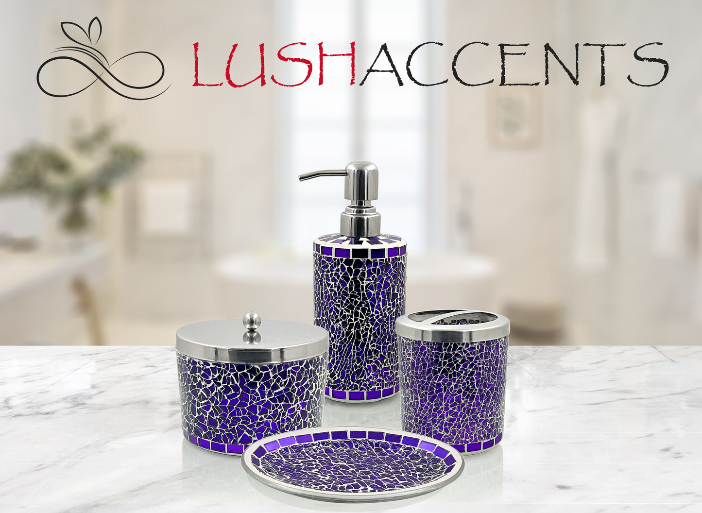 LushAccents Bathroom Accessories Set, 4-Piece Decorative Glass Bathroom  Accessories Set, Soap Dispenser, Soap Tray, Jar, Toothbrush Holder, Elegant