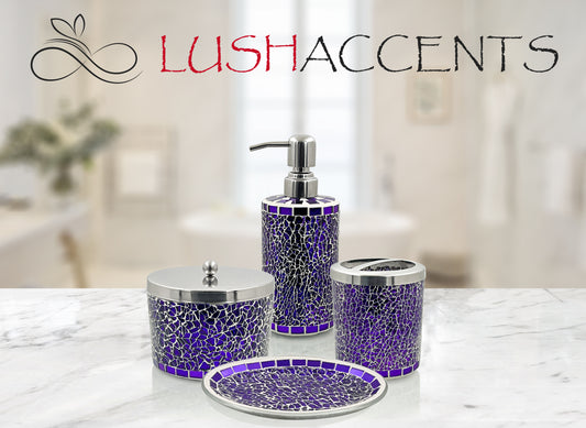LushAccents Bathroom Accessories Set, 4-Piece Decorative Glass Bathroom Accessories Set, Soap Dispenser, Soap Tray, Jar, Toothbrush Holder, Elegant Lavender Mosaic Glass