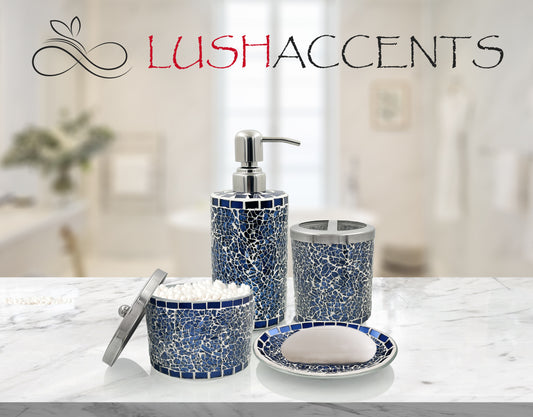 LushAccents Bathroom Accessories Set, 4-Piece Decorative Glass Bathroom Accessories Set, Soap Dispenser, Soap Tray, Jar, Toothbrush Holder, Elegant Midnight Blue Mosaic Glass