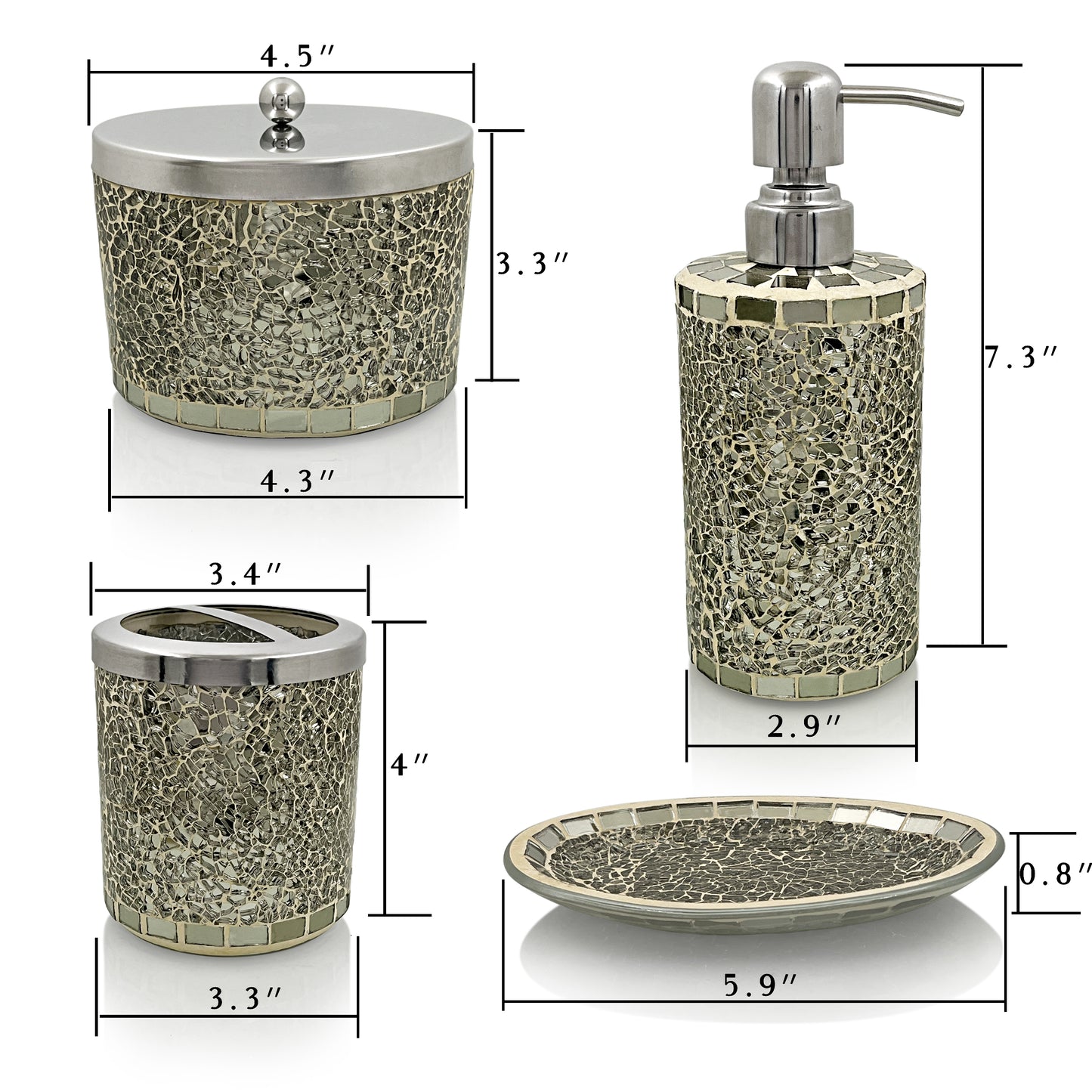 LushAccents Bathroom Accessories Set, 4-Piece Decorative Glass Bathroom Accessories Set, Soap Dispenser, Soap Tray, Jar, Toothbrush Holder, Elegant Gold Mosaic Glass