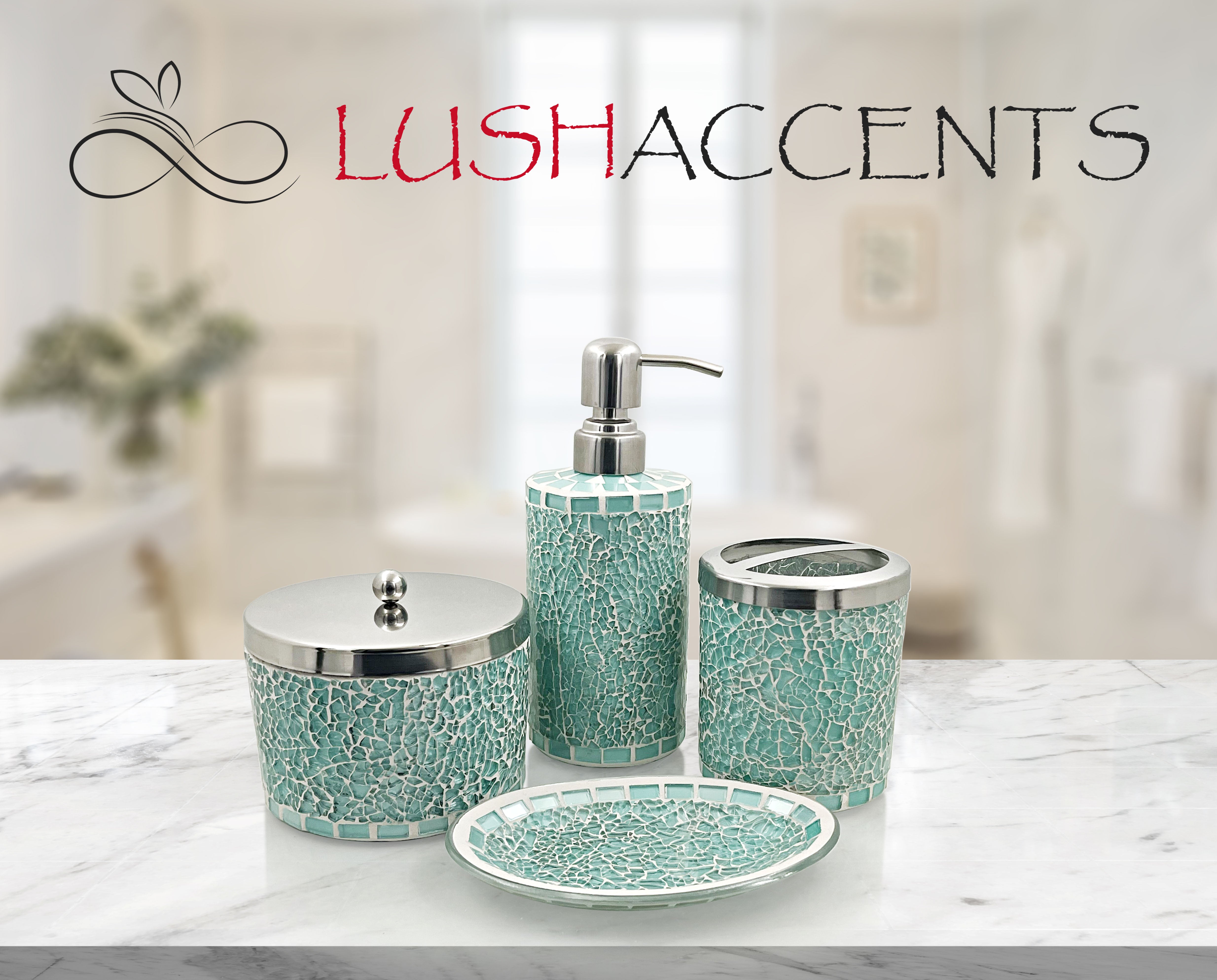 LushAccents Decorative Bathroom Accessories Set, 4-Piece, Soap Dispenser, Tray, Jar, Toothbrush Holder, Elegant Silver Mosaic Glass