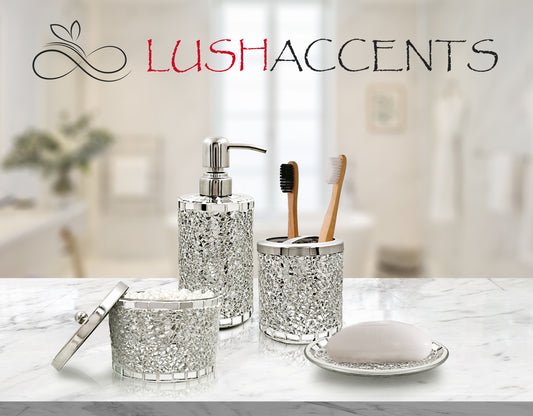 LushAccents Bathroom Accessories Set, 4-Piece Decorative Glass Bathroom Accessories Set, Soap Dispenser, Soap Tray, Jar, Toothbrush Holder, Elegant Silver Mosaic Glass