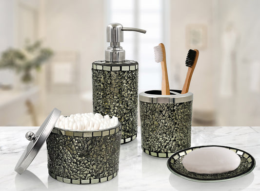 LushAccents Bathroom Accessories Set, 4-Piece Decorative Glass Bathroom Accessories Set, Soap Dispenser, Soap Tray, Jar, Toothbrush Holder, Elegant Black and Gold Mosaic Glass